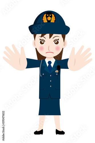 働く人制止のポーズをする制服を着た婦人警官・警察官・お巡りさんのイラスト若者青年