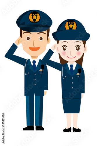 働く人直立敬礼をする制服を着た男女警官婦人警官・警察官・お巡りさんのイラスト若者青年笑顔