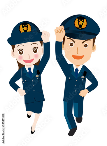 働く人ジャンプ　ガッツポーズをする男女警官婦人警官・警察官・お巡りさんのイラスト若者青年飛躍成功
