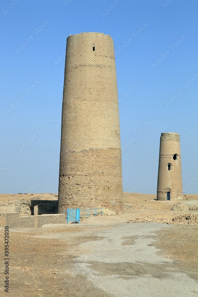 Northern minarets were built in the 12th century during the Great Seljuk period. Minarets are made of bricks. Dehistan, Turkmenistan.