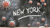 New york and covid virus - pandemic turmoil and New york pictured as corona viruses attacking a school blackboard with a written word New york, 3d illustration