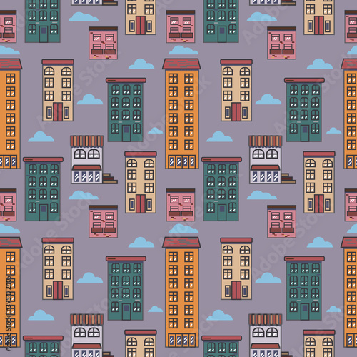 Vector seamless pattern of multi-storey buildings in retro style.