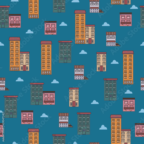 Vector seamless pattern of multi-storey buildings in retro style.