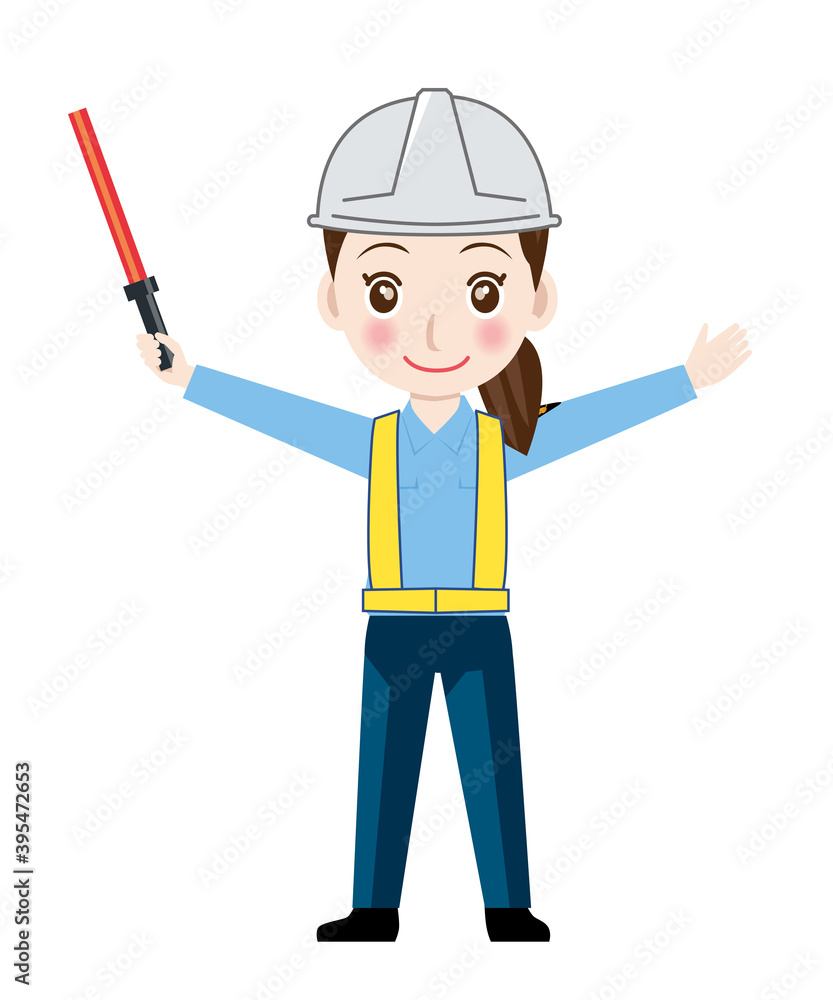働く人 女性交通誘導員ガードマン警備員のイラスト静止停止ポーズ制服笑顔安全反射ベスト Stock Vektorgrafik Adobe Stock