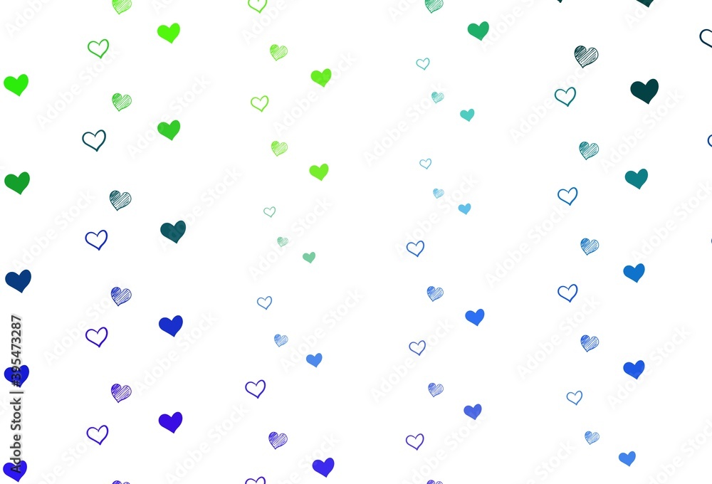 Light Blue, Green vector template with doodle hearts.