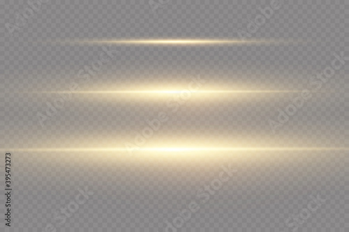 Set of golden horizontal lens flares. Laser beams, horizontal light beams. Glow transparent vector set of light effects, burst, glitter, spark, solar flare.