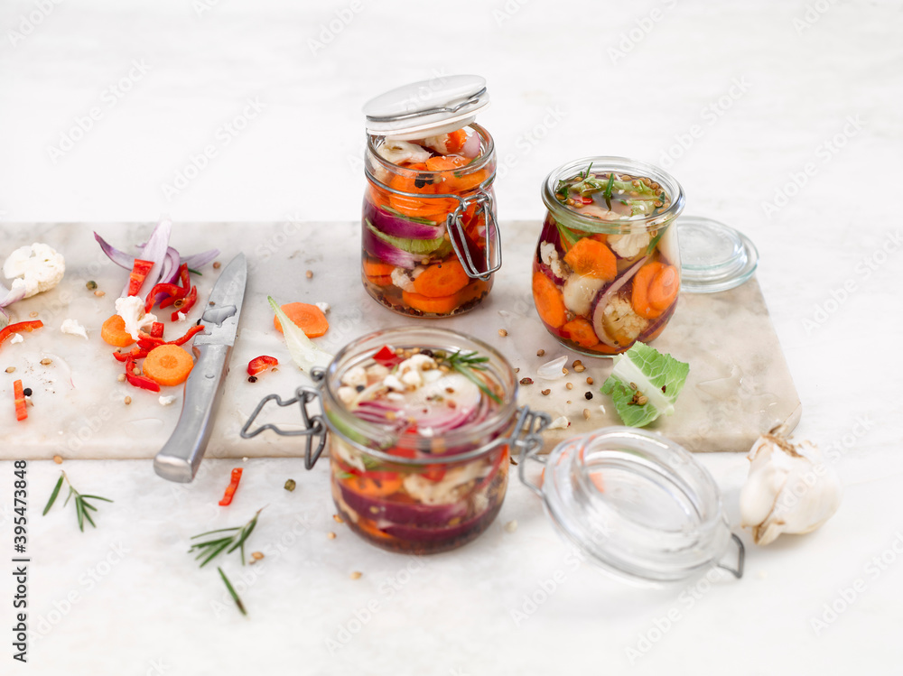 Pickled carrots and cauliflower with chillies and rosemary Pickled carrots and cauliflower with chillies and rosemary