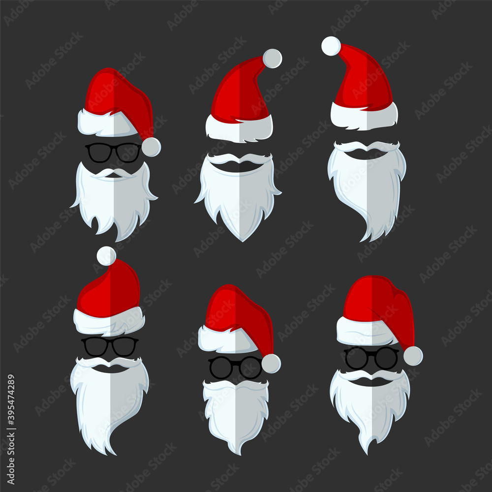 Set Christmas Hat Santa Mustache and Beard Icon Vector Flat Background Set Christmas Hat Santa Mustache and Beard Icon Vector Flat Background