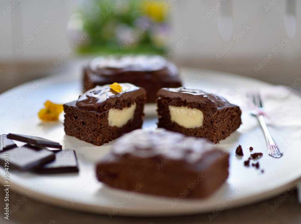 Vegan brownies with vanilla filling and chocolate ganache Vegan brownies with vanilla filling and chocolate ganache