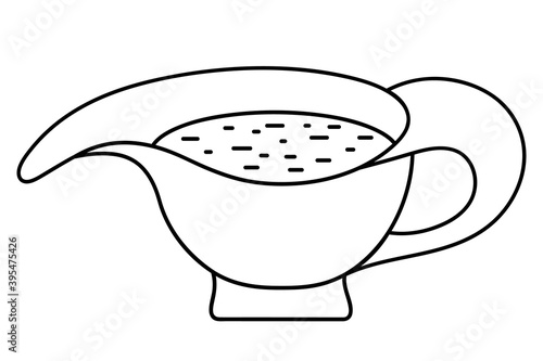 Sauce bowl. Vector illustration. Outline on an isolated white background. Doodle style. Sketch. Traditional gravy for a hot dinner. Ceramic mug for refueling. Container for syrup with a spout. Dishes 