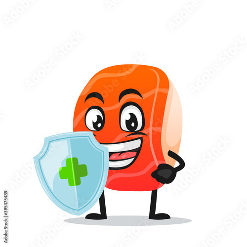 vector illustration of sushi mascot or character holding shield for protection