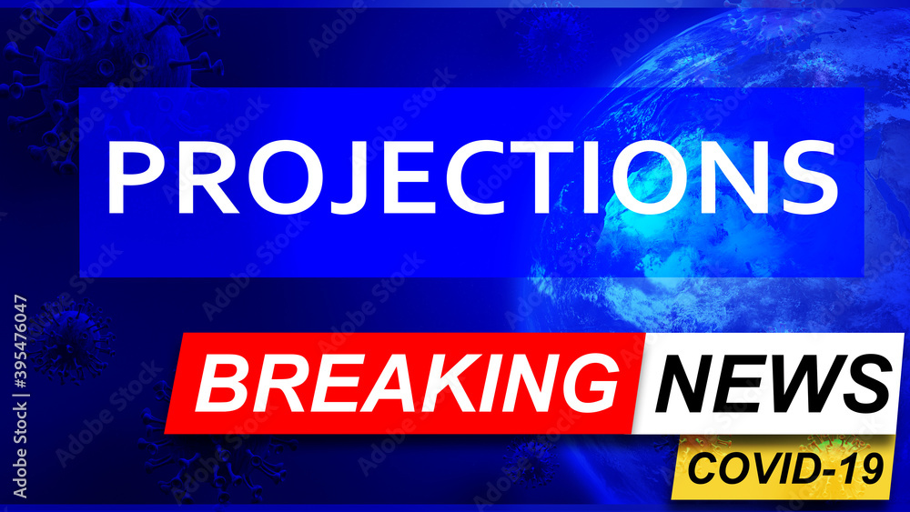 Covid and projections in breaking news - stylized tv blue news screen with news related to corona pandemic and projections, 3d illustration