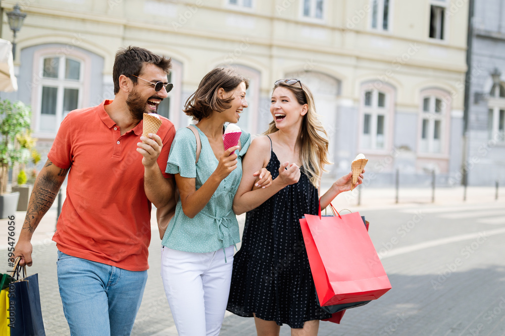 Group of friends having fun in shopping together outdoor Group of friends having fun in shopping together outdoor