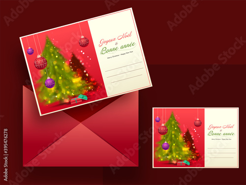 Merry Christmas & Happy New Year Greeting Cards In French Language With Red Envelope.