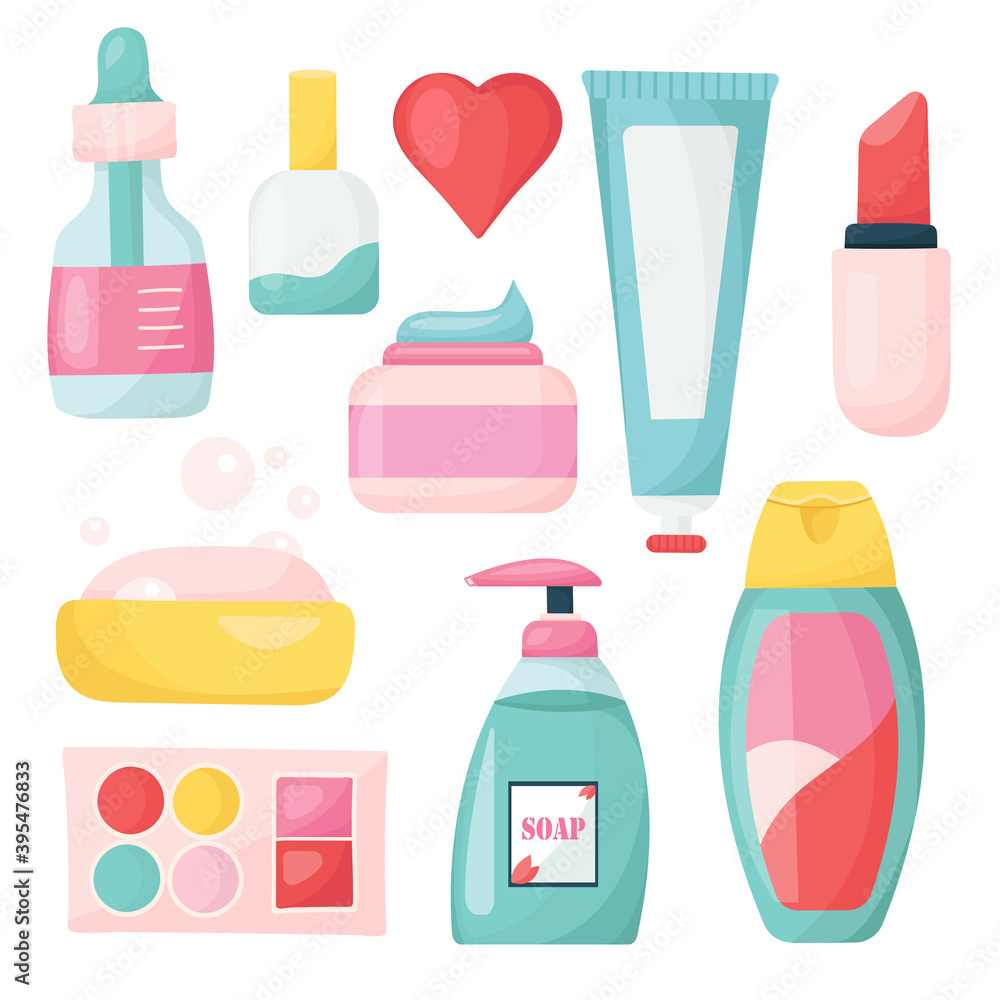 vector set of beauty elements and cosmetics in cartoon style. hygiene products for washing, skin and body care. woman's accessories. isolated on white background. vector set of beauty elements and cosmetics in cartoon style. hygiene products for washing, skin and body care. woman's accessories. isolated on white background.