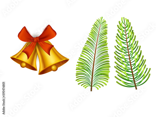 Golden Jingle Bells With Fir Leaves On White Background.