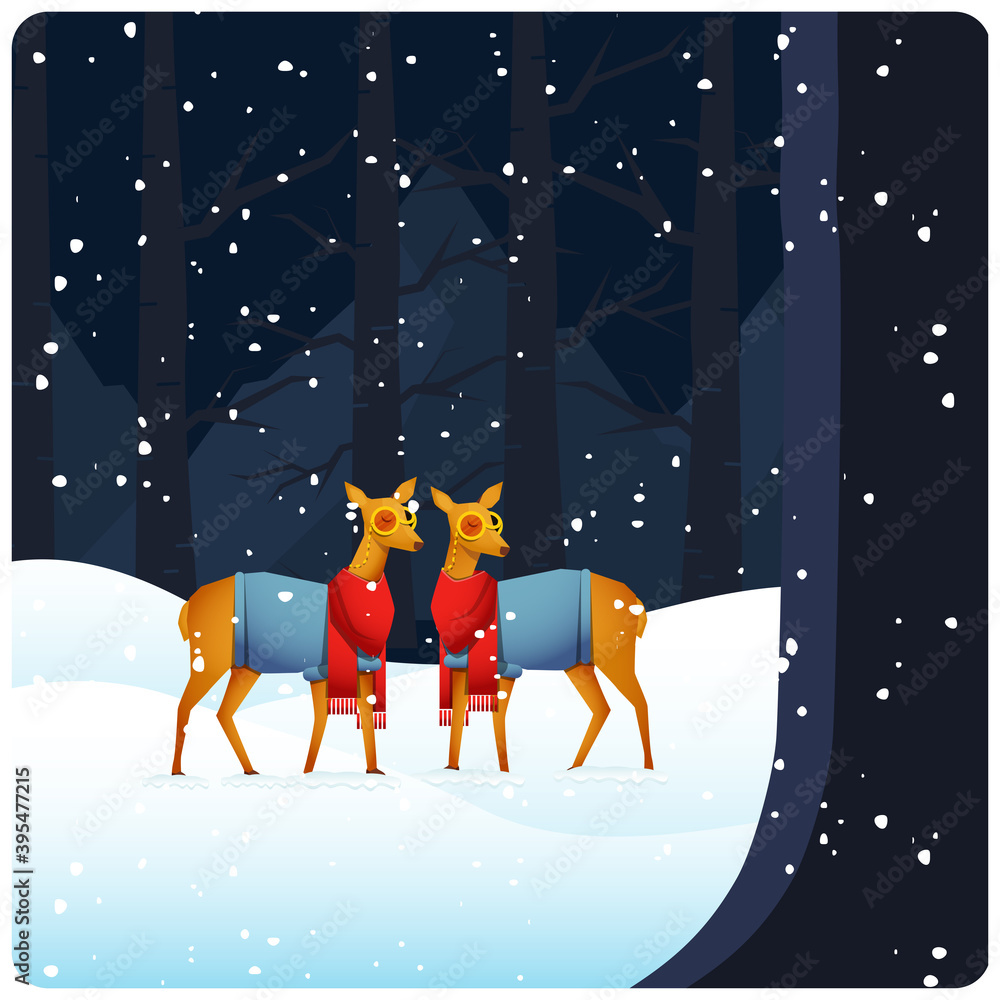 Illustration Of Two Reindeer Standing On Snowfall Forest Background.