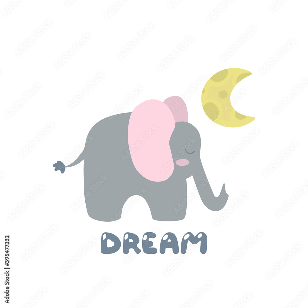 Cute sleeping elephant on the background of the moon. Children's vector illustration for printing. Isolated on white Cute sleeping elephant on the background of the moon. Children's vector illustration for printing. Isolated on white