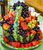 A plate of fruit in a carved watermelon close-up