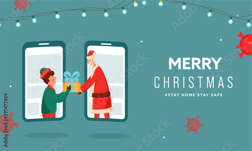 Illustration Of Santa Claus Giving Gift To Boy On Video Call For Merry Christmas, Stay Home & Safe. Advertising Banner Design.