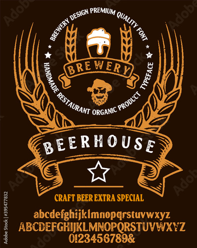 Brewery vintage alphabet font. Custom handwritten alphabet. Retro textured hand drawn typeface with grunge effect.