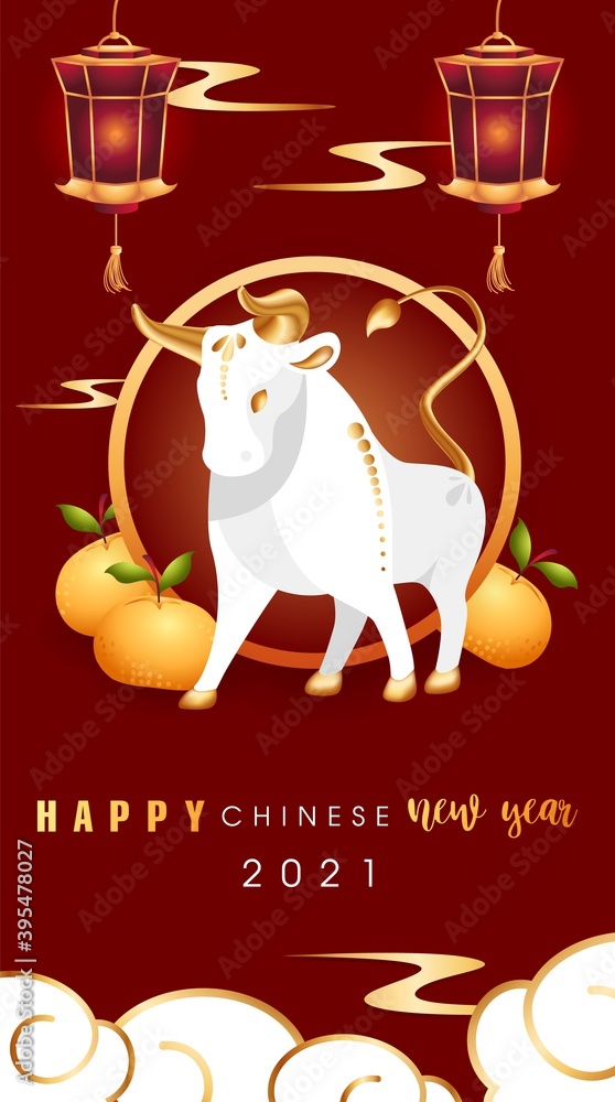 Naklejka premium 2021 Chinese New Year of bull. Eastern poster or calendar with lunar sign coming year. Oriental zodiac symbol ox with chinese lanterns and golden oranges in haze of clouds. Vector stock illustration.