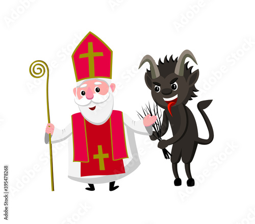 cartoon style illustration of saint nicholas and krampus
