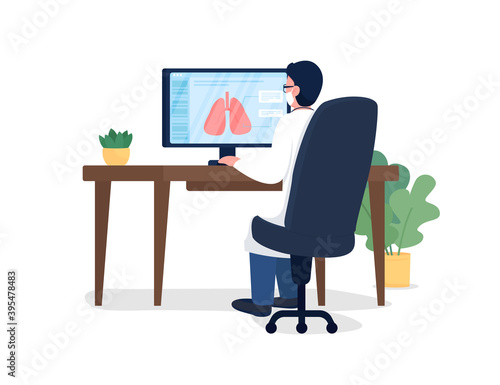 Respiratory doctor at workplace flat color vector faceless character. Hospital exam. Lung check. Chest medicine. Physician at work isolated cartoon illustration for web graphic design and animation