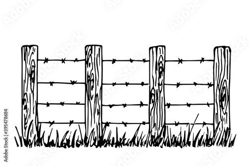 Hand-drawn simple vector drawing in black outline. Rural farm fence, field fencing. Wooden posts with barbed wire, grass. Protection, security, entry prohibited.