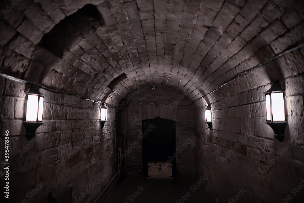Fototapeta premium castle tunnel view, gloomy underground passage perspective, old european castle, abstract view