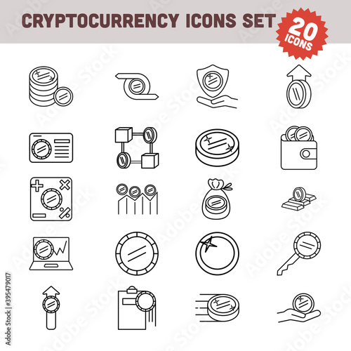 20 Cryptocurrency Icons In Black Line Art.
