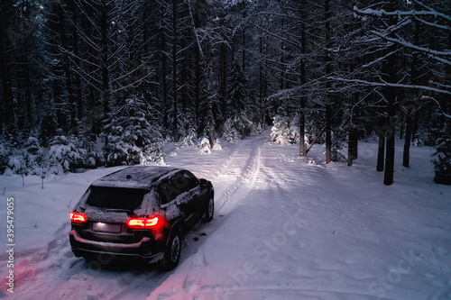 car in winter forest, landscape travel in christmas snowy forest