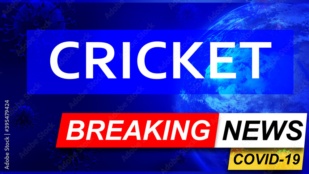 Covid and cricket in breaking news - stylized tv blue news screen with news related to corona pandemic and cricket, 3d illustration
