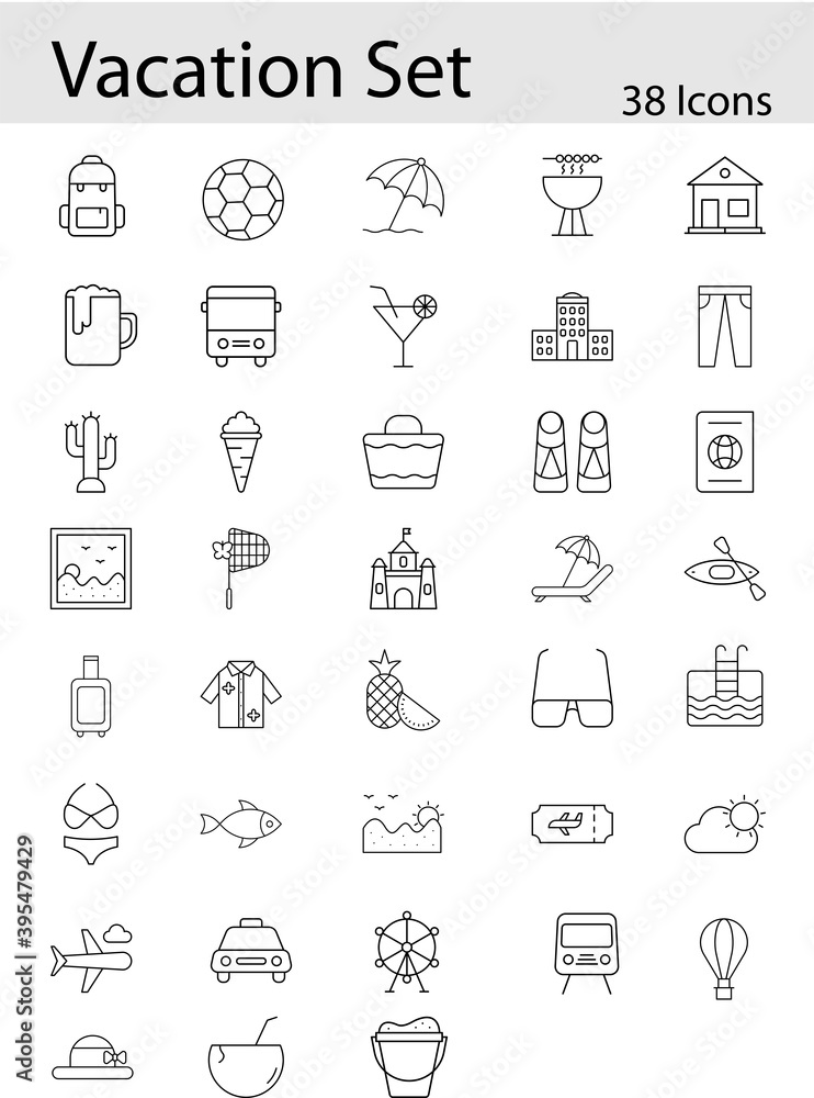 Black Line Art Vacation Icon Set In Flat Style.