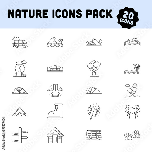 20 Nature Icon Pack In Black Thin Line Art.