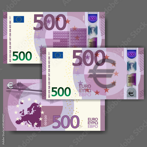 Set of new fictional paper money in the style of the European Union. Violet 500 euro banknote with abstract building and bridge. EPS10