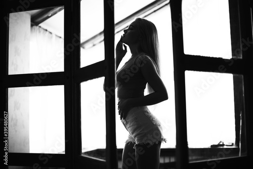 sexy model in a loft home interior, back light silhouette rays of the sun evening