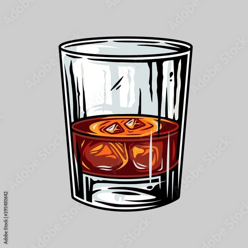 Colored glass of whiskey with ice glass monochrome vector alcohol bar menu