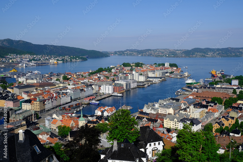 Bergen harbour and city panorama, Bergen, Norway