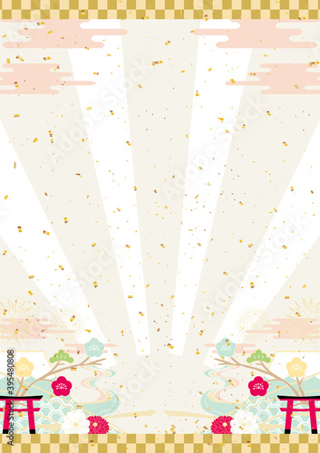 お正月　紙吹雪　日の出背景