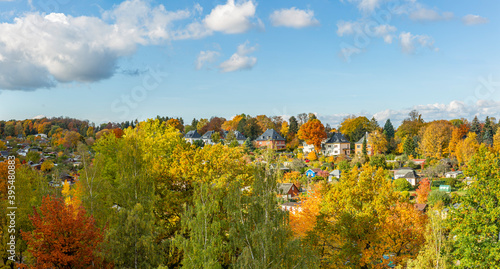 Fototapeta Naklejka Na Ścianę i Meble -  Panorama of a suburban neighborhood during colorful autumn season.