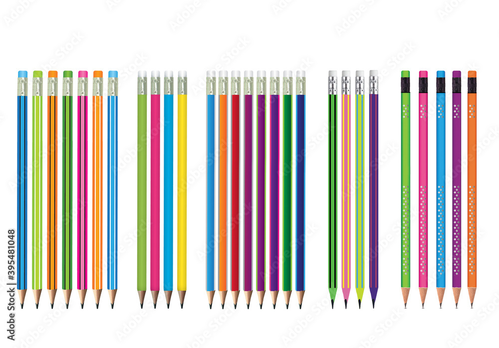 3d illustration of different graphite pencils with eraser on the top in frontal position and realistic preview on white background 3d illustration of different graphite pencils with eraser on the top in frontal position and realistic preview on white background