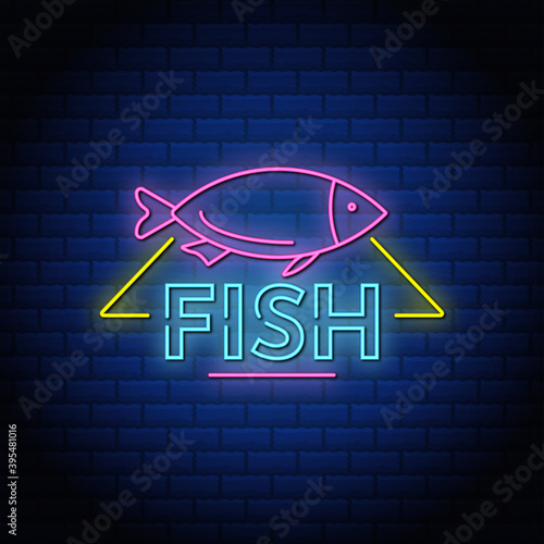 Fish neon signs style text with blue bricks background