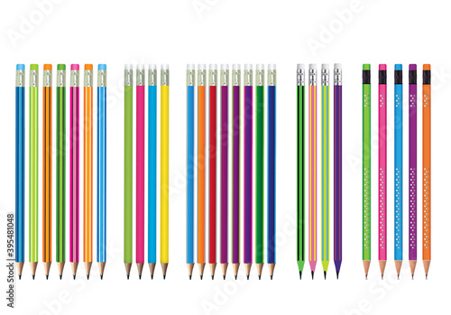 3d illustration of different graphite pencils with eraser on the top in frontal position and realistic preview on white background
