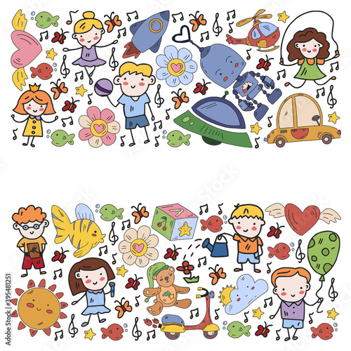 Poster with cute doodle drawing of happy kids and precepts to celebrate Children's Day. Kindergarten children.