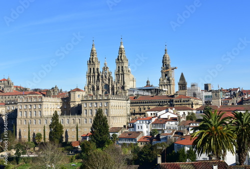 Santiago de Compostela cityscape from Alameda Park hill. View of Cathedral’s facade and towers with Town Hall, Pazo de Raxoy. Coruña, Galicia, Spain.