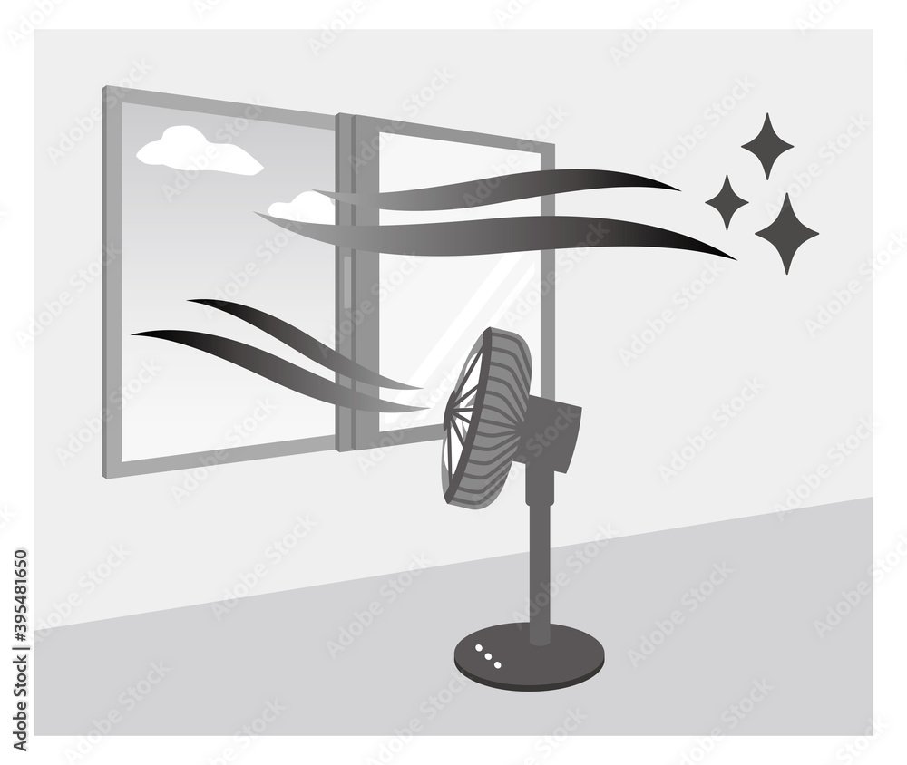 扇風機の風で室内の空気を外に出し新鮮な空気を中に入れてる換気イラスト 換気図 モノクロ Ventilation using a electric fan 扇風機の風で室内の空気を外に出し新鮮な空気を中に入れてる換気イラスト 換気図 モノクロ Ventilation using a electric fan