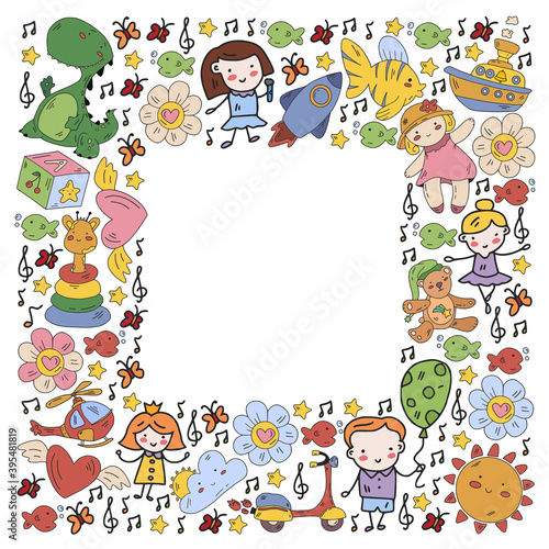Frame with cute doodle drawing of happy kids and precepts to celebrate Children's Day. Kindergarten children.