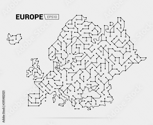 Abstract futuristic map of Europe. Electric circuit of the region. Vector illustration. 