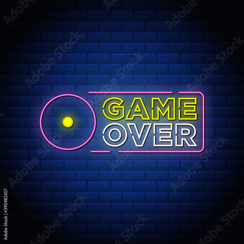 Game over neon signs style text design in blue color white background.